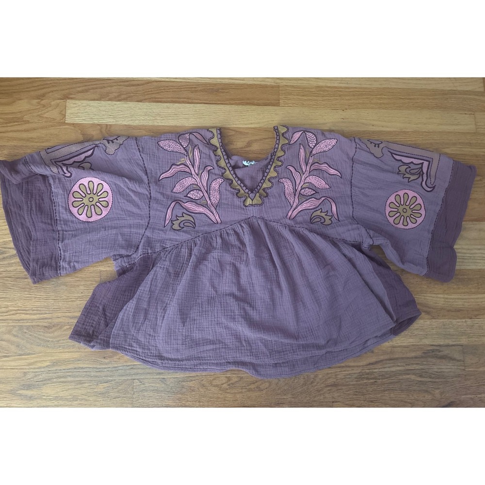 Easel Los Angeles Mauve Purple Embroidered Gauze Babydoll Boho Blouse Small - Picture 2 of 6